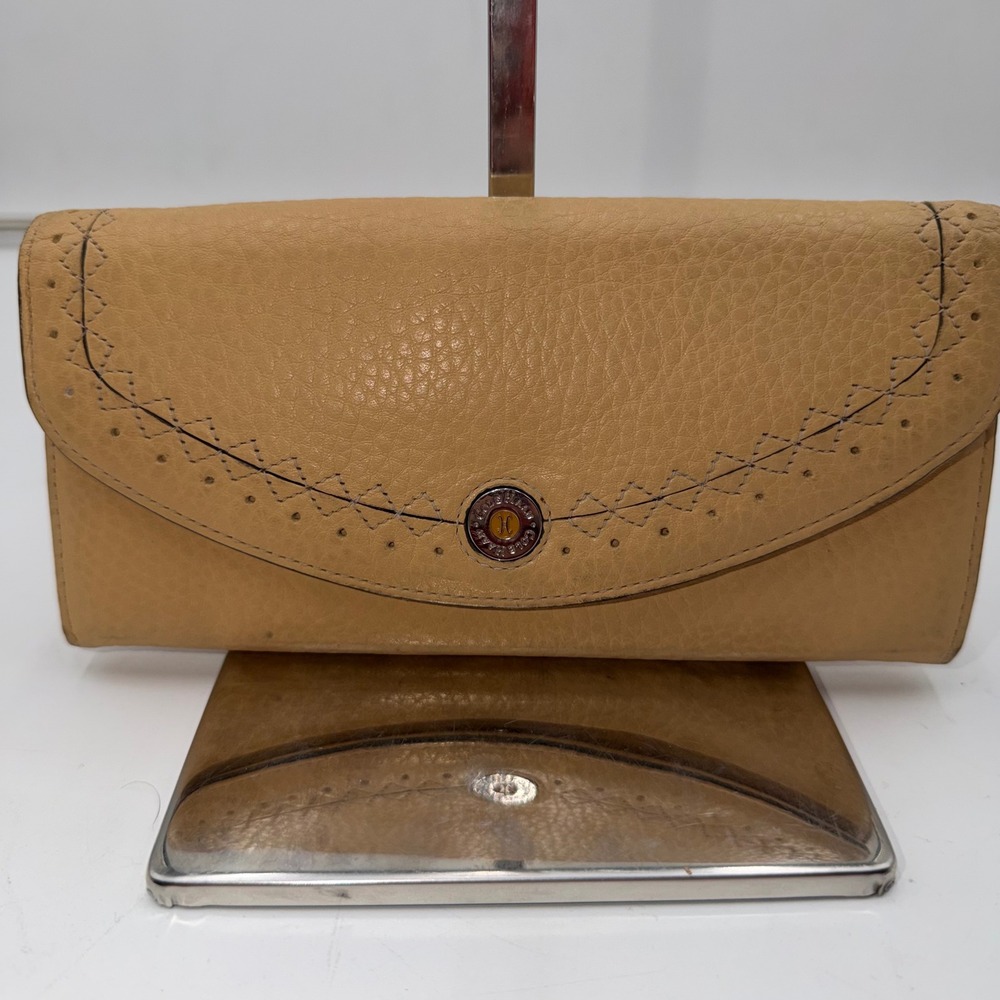 Cole Haan Tan Pebbled Leather Long Continental Wallet Whipstitch Boho